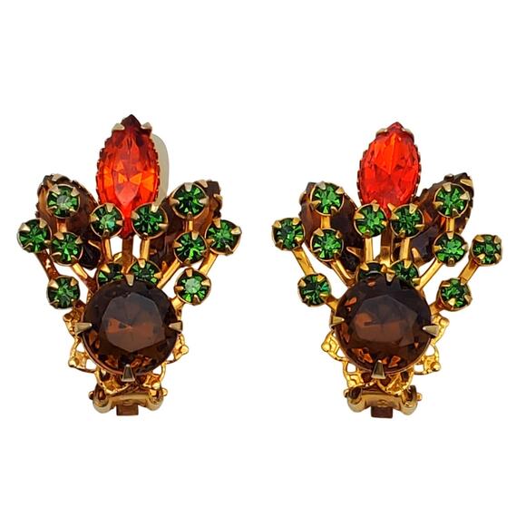 American Vintage Jewelry - Autumn Rhinestone Clip Earrings Orange Green Topaz Floral Spray Harvest Fall Vtg